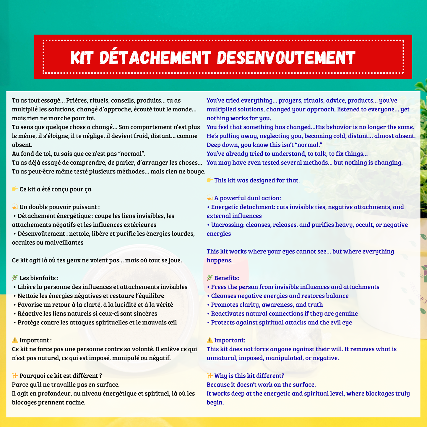 Kit détachement - désenvoutement - puissant kit 2 en 1 pour détacher ton partenaire de sa rivale et pour te désenvouter