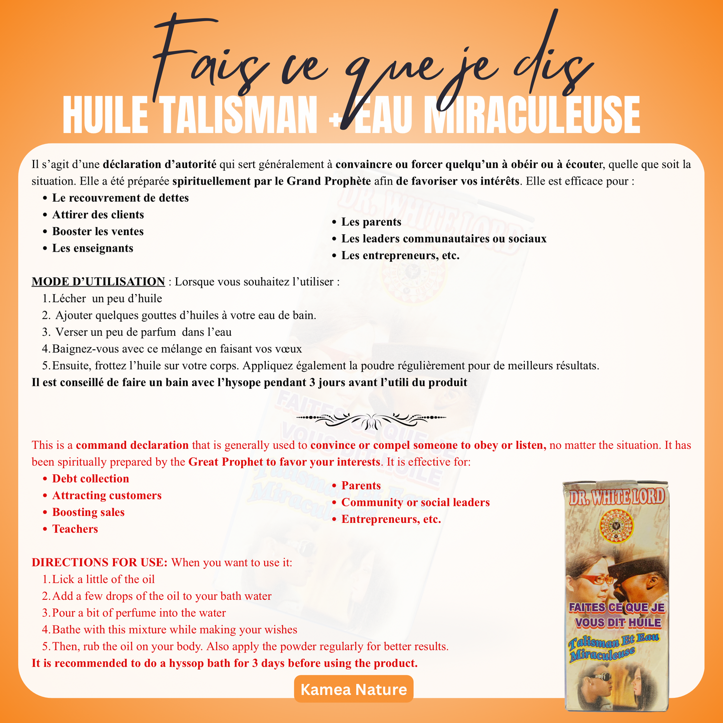 Huile talisman + eau miraculeuse FAIS CE QUE JE DIS